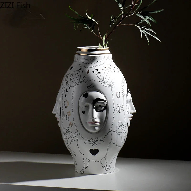 Ceramic Facial Vase for Desktop Flower Arrangement